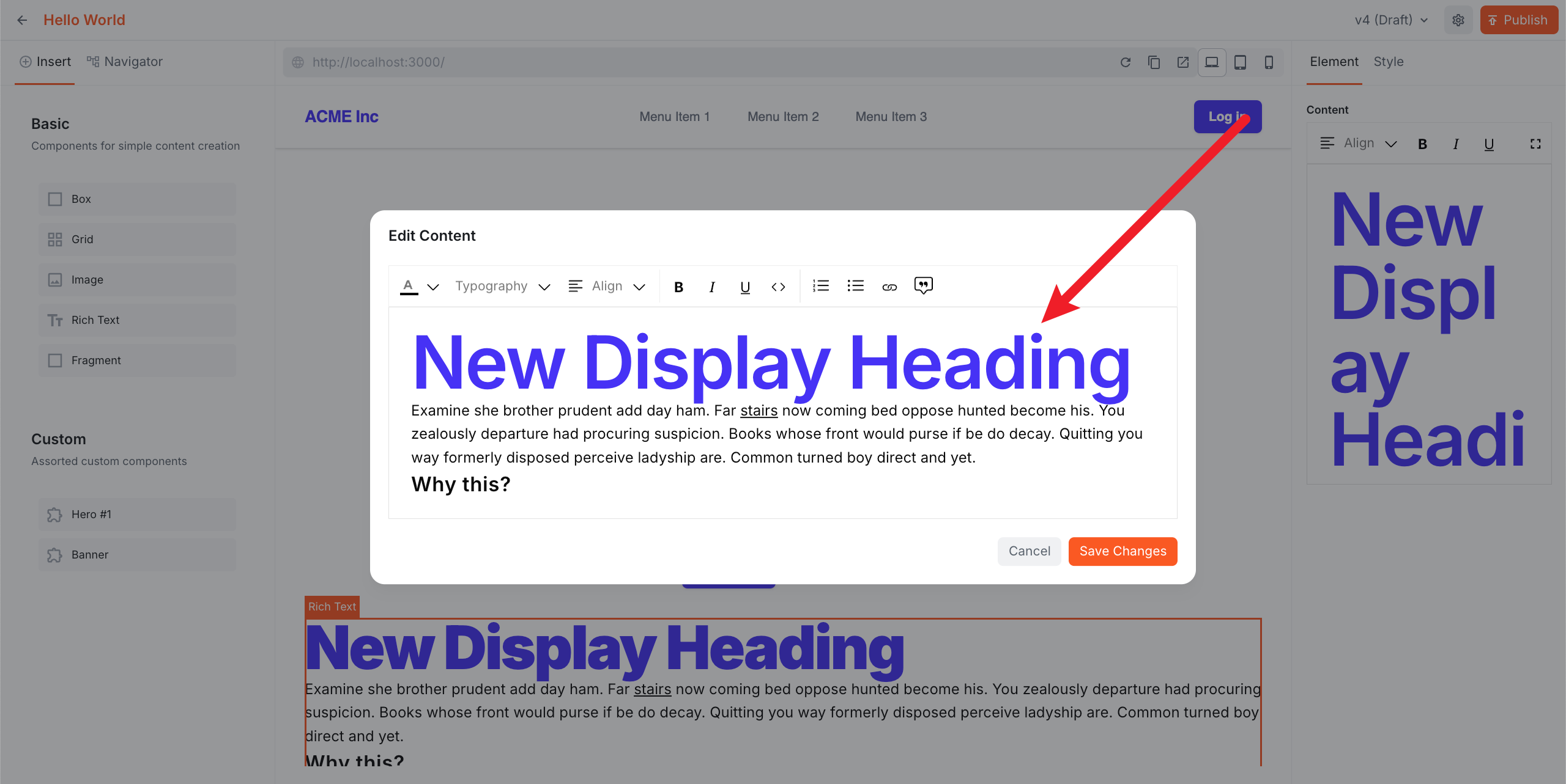 The Website Builder editor showing the custom Display heading style applied to text in the rich text editor